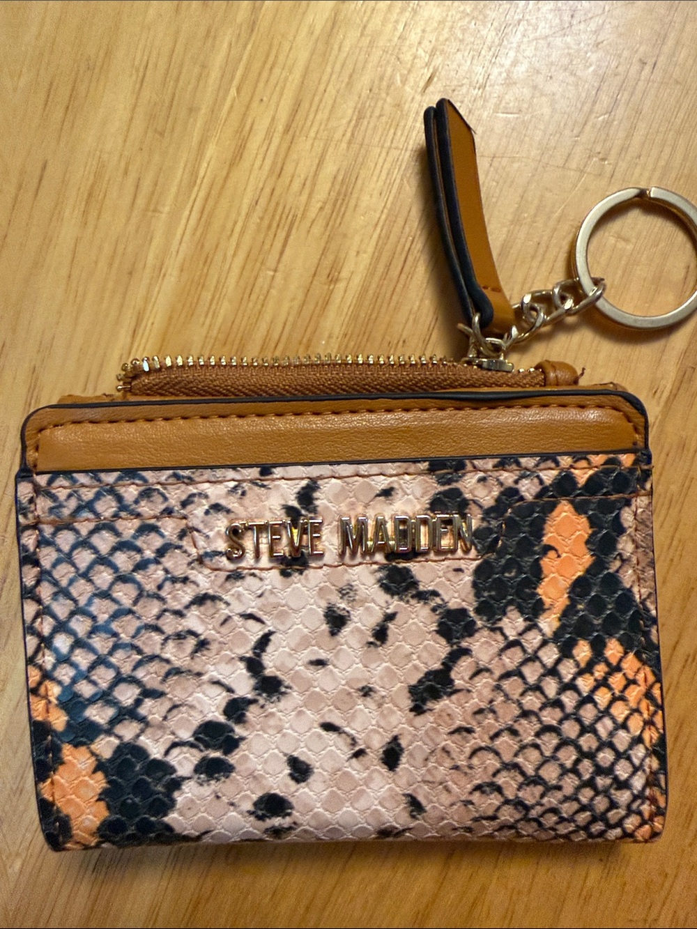 Steve Madden Tan & Pink Snake-Print Card Case with Gold Logo